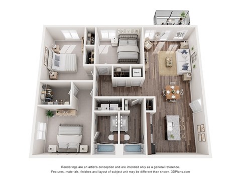 Floor plan for 3 beds, 2 baths, 1326 sqft